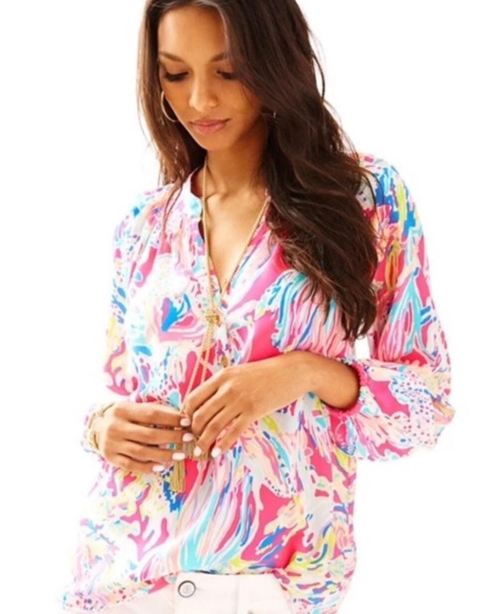 Lilly Pulitzer Elsa Silk Top Sunken Treasure Dragonfruit Print Blouse Size S